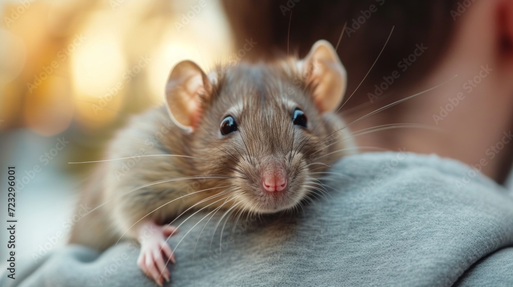 A domestic rat sits on the shoulder of its young handsome owner and looks at the camera with big eyes A domestic rat sits on the shoulder of its young handsome owner and looks at the camera with big eyes