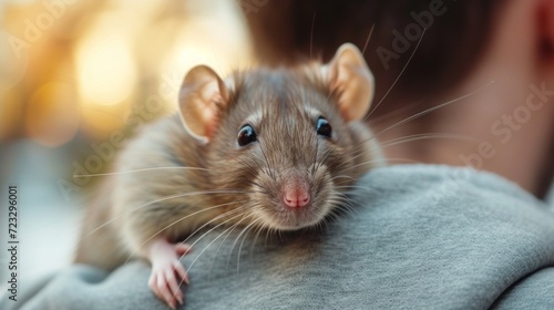 A domestic rat sits on the shoulder of its young handsome owner and looks at the camera with big eyes photo