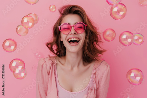 Energetic, Stylish Woman Embracing Retro Vibes Radiates Happiness On Pink Set - Perfectly Balanced Photo With Copy Space