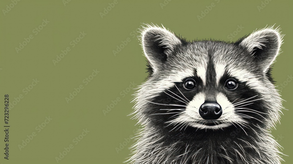  a close up of a raccoon's face on a green background with a black and white drawing of a raccoon's face on it.