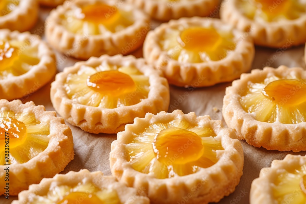 Vibrant And Cheery Closeup Of Symmetrical Pineapple Tart Cookies With Jam Filling, Centered In Perfectly Balanced Photo With Copy Space Vibrant And Cheery Closeup Of Symmetrical Pineapple Tart Cookies With Jam Filling, Centered In Perfectly Balanced Photo With Copy Space