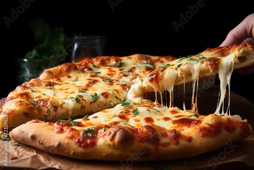 Cheese pull from a pizza slice highlights the melty texture against a dark backdrop