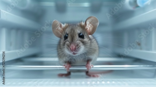 A small gray mouse with big eyes sits on an empty refrigerator shelf and looks at the camera