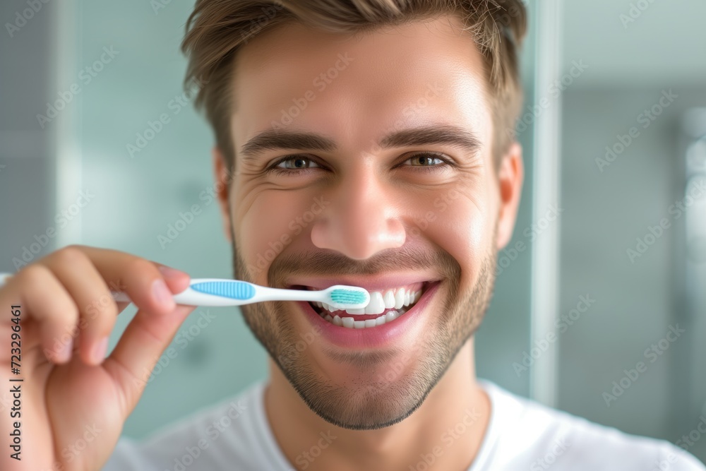 Confident Care Handsome Man Showcases His Bright Smile While Brushing Teeth Confident Care Handsome Man Showcases His Bright Smile While Brushing Teeth