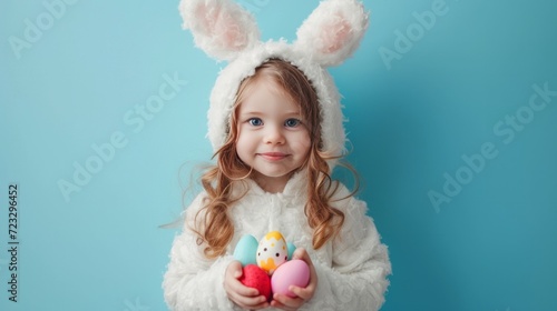 A little girl in a white hare costume holds colorful Easter eggs in her hands on a blue minimalistic background