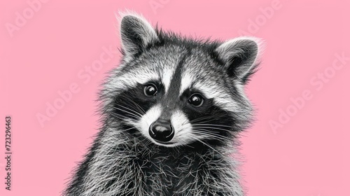  a close up of a raccoon on a pink background with a black and white image of a raccoon looking at the camera with a pink background. © Nadia