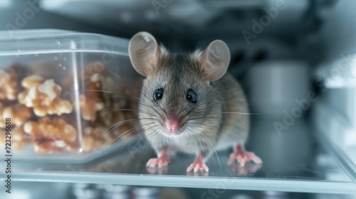 A small gray mouse with big eyes sits on an empty refrigerator shelf and looks at the camera