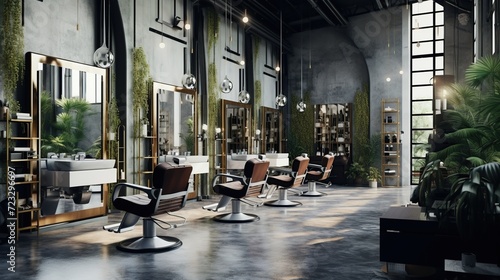 Industrial hair dressing, barbershop or hair salon interior design concept. Created with Generative AI photo