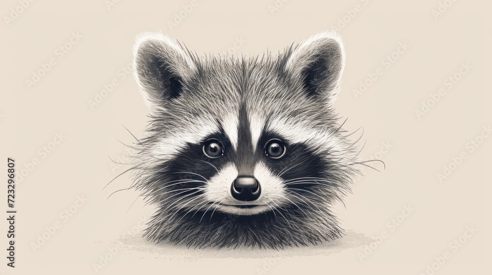  a close up of a raccoon's face on a white background with a black and white drawing of a raccoon's head and the raccoon is looking at the camera.