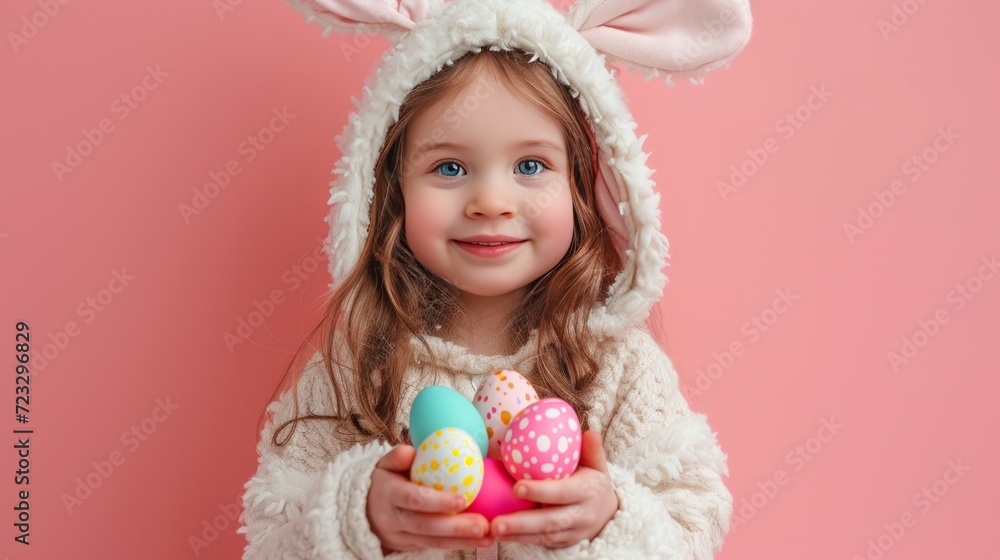 A little girl in a white hare costume holds colorful Easter eggs in her hands on a pink minimalistic background A little girl in a white hare costume holds colorful Easter eggs in her hands on a pink minimalistic background