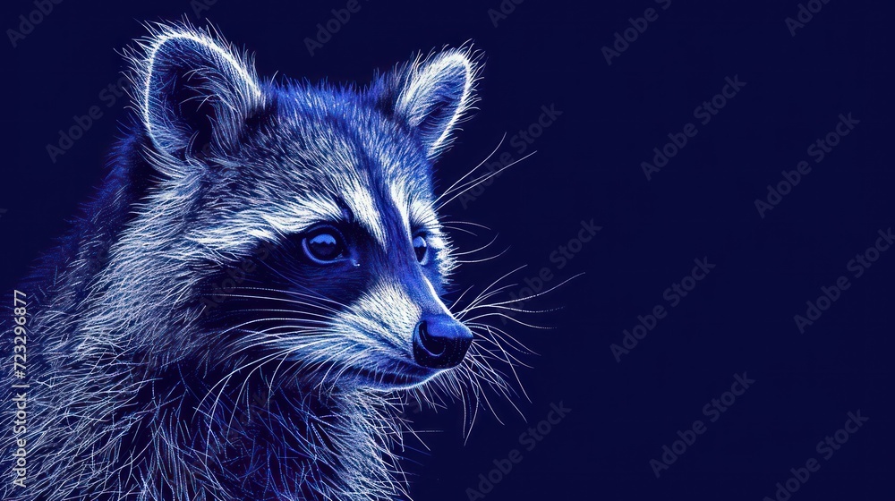  a close up of a raccoon's face on a dark blue background with a blurry effect to the left of the raccoon's face.