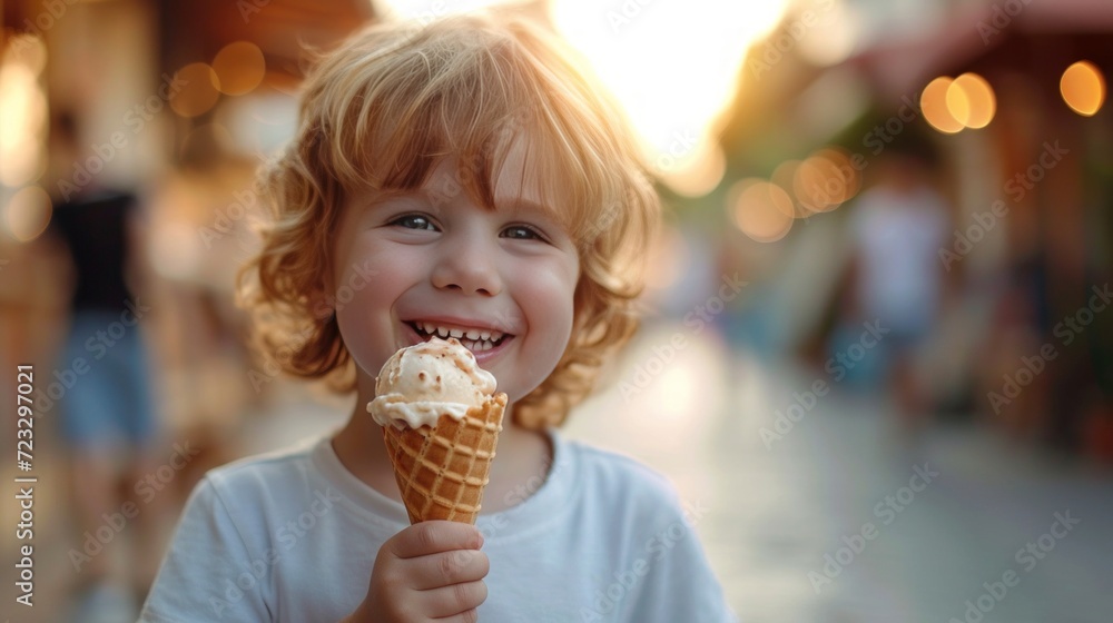 A Joyful Youngster Savors a Waffle Cone on a Summer Stroll A Joyful Youngster Savors a Waffle Cone on a Summer Stroll
