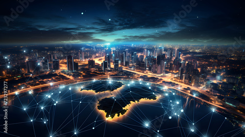 Nighttime Cityscape Connectivity Concept,, Double exposure Bitcoin and blockchain concept. Digital economy and currency trading Pro Photo