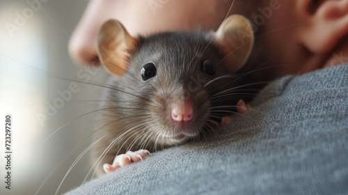 A domestic rat sits on the shoulder of its young handsome owner and looks at the camera with big eyes