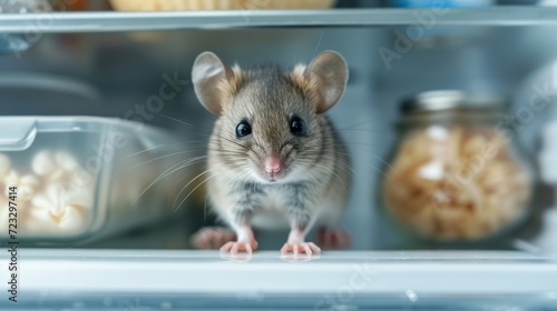 A small gray mouse with big eyes sits on an empty refrigerator shelf and look...