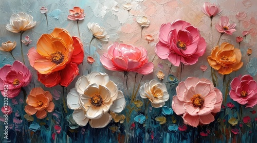 Generative AI, Oil painting of spring flowers on canvas. Beautiful abstract colorful flowers. Macro impasto painting.
