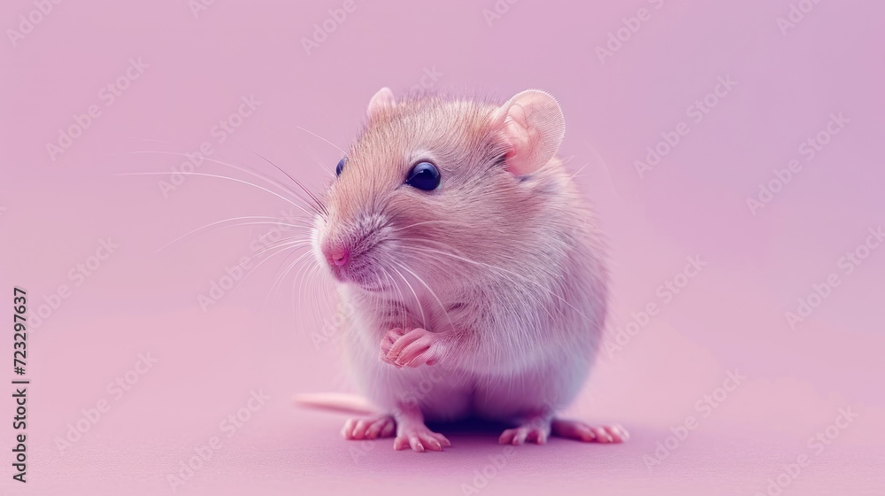  a close up of a small rodent on a pink background with one eye open and one paw on the other side of the rodent, with a pink background.