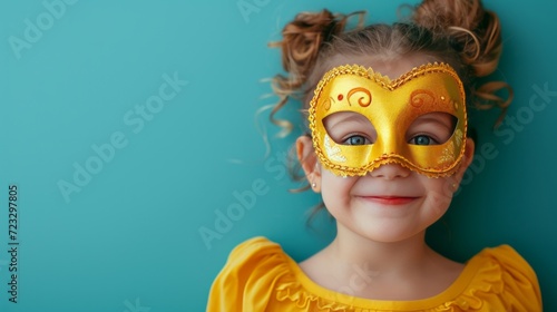 A five-year-old girl wearing a carnival mask laughs and looks at the camera o...