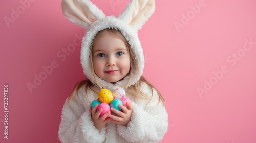 A little girl in a white hare costume holds colorful Easter eggs in her hands on a pink minimalistic background © olegganko