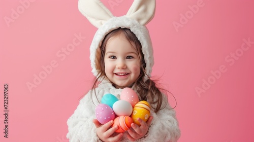 A little girl in a white hare costume holds colorful Easter eggs in her hands on a pink minimalistic background © olegganko