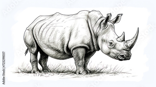  a black and white drawing of a rhinoceros standing in the grass with it s head turned to the side and it s nose to the side.