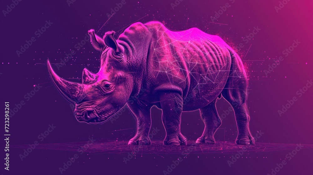  a rhinoceros standing in the middle of a purple and pink background with lines and dots in the shape of the rhino's head and the rhinoceros.