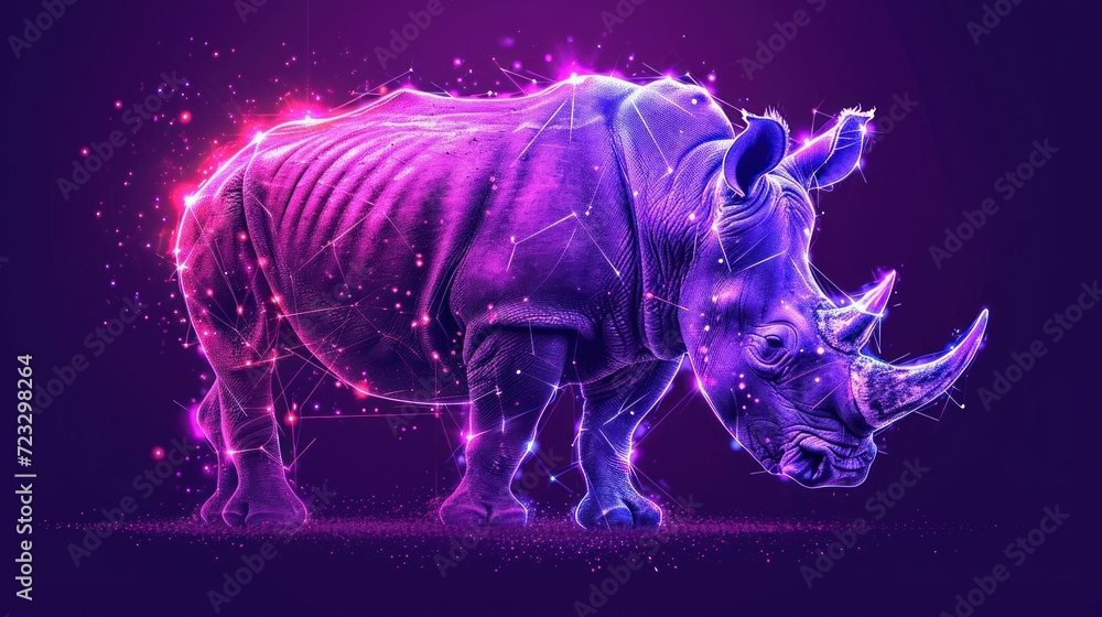  a rhinoceros standing in front of a purple background with lines and dots in the shape of the rhinoceros and the shape of a line of the rhinoceros.