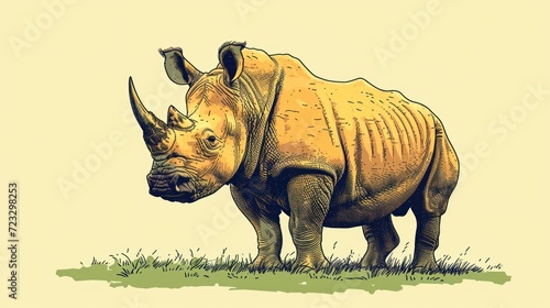  a drawing of a rhinoceros standing in a field of grass with its head turned to the side and it s head turned to the side  with it s mouth open.