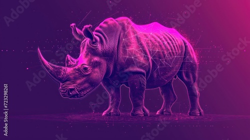  a rhinoceros standing in the middle of a purple and pink background with lines and dots in the shape of the rhino s head and the rhinoceros.