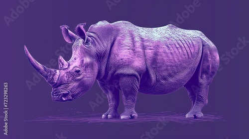  a rhinoceros standing in the water with its head turned to the side and it's head turned to the side, with a purple hued background. © Nadia