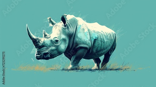 a drawing of a rhinoceros standing in a grassy area with a blue sky in the back ground and a blue sky in the back ground in the background.