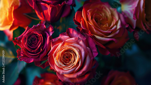 bouquet of flowers buds rose burgundy closeup backlit with creative colored lighting romantic background