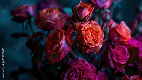 bouquet of flowers buds rose burgundy closeup illuminated by colored lighting romantic background
