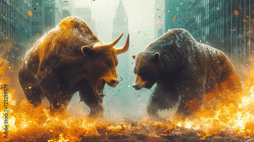 The essence of market dynamics with bull vs. bear stock market collection. Illustrate financial concepts, investing strategies, and market trends art combination ups & downs photo