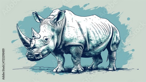  a drawing of a rhinoceros standing on the ground with its head turned to the side and it s head turned to the side with its mouth open.