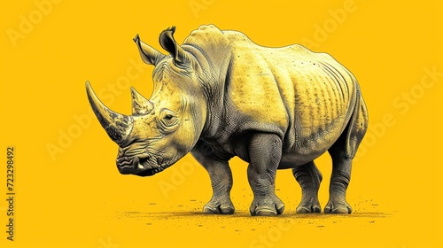  a drawing of a rhinoceros standing on a yellow background with a black rhinoceros on it s left side and a yellow background with a black rhinoceros on it s right side.