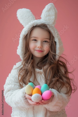 A little girl in a white hare costume holds colorful Easter eggs in her hands on a pink minimalistic background