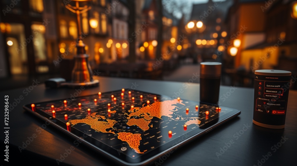 A tablet screen with a map interface, indicating the geographical