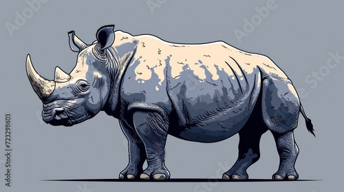  a drawing of a rhinoceros is shown on a gray background with a blue background and a white rhinoceros is shown in the center of the image.