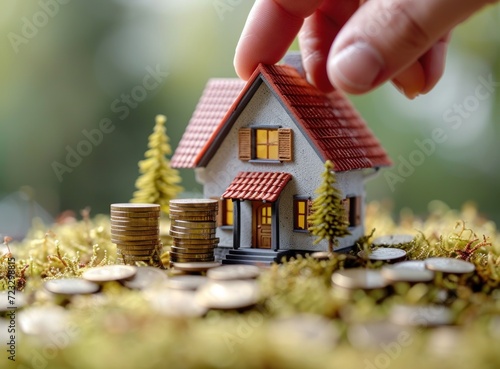 House model and stack of coins on green moss background. Real estate concept.