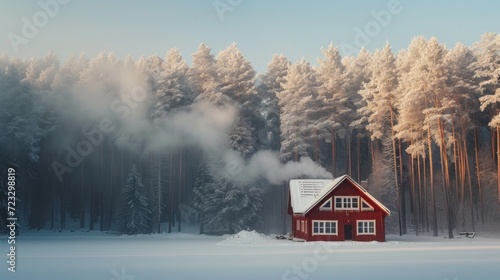 A bright burgundy wooden house stands alone in the middle of a large winter f...