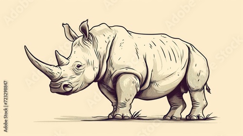  a drawing of a rhinoceros standing in a field of grass with its head turned to the side and it s nose slightly bent to the side  with it s mouth wide open.