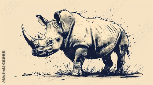  a black and white drawing of a rhinoceros standing in the grass with it's head turned to the side and it's nose to the side. © Nadia