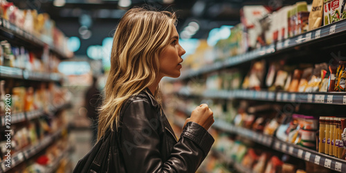A 35-year-old woman stands in a convenience store, surrounded by shelves of products as she gazes thoughtfully at the street outside, her black jacket adding a touch of elegance to the bustling super