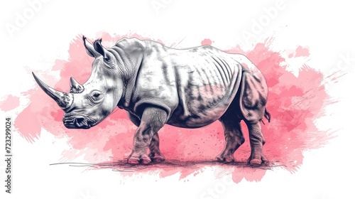  a drawing of a rhino standing in front of a pink and white background with a splash of paint on the back of the rhino s head and the rhino is looking to the side.