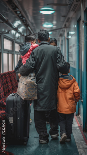 A father is travelling together with his two sons and luggage on a train
