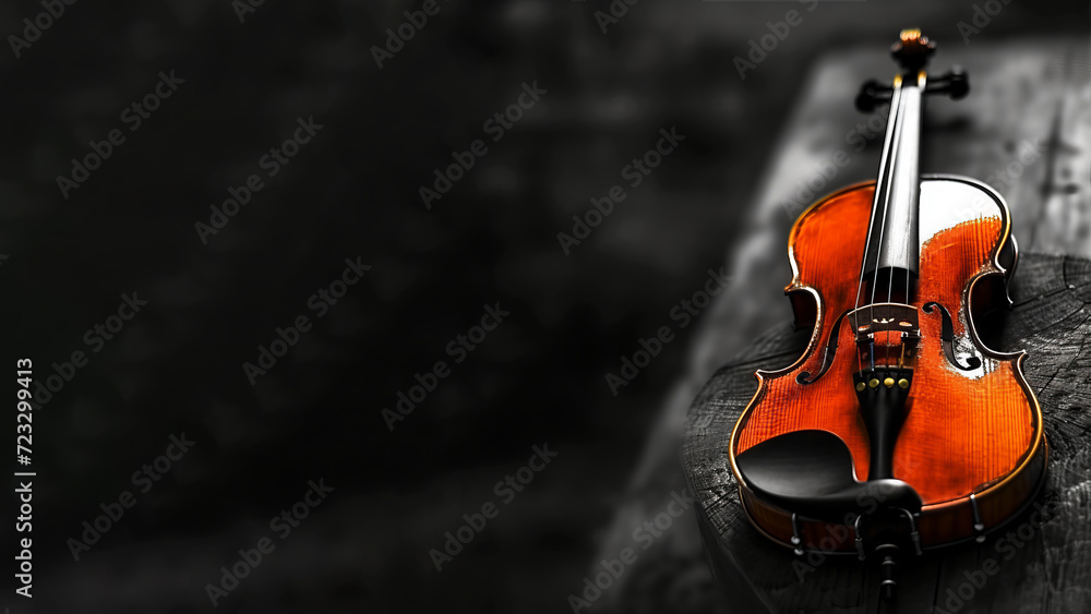 A photo of a symphonic violin lying on a black table - obrazy, fototapety, plakaty 