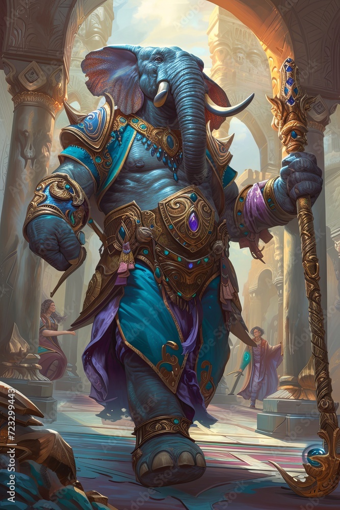 Fototapeta premium Illustration of wizard elephant anthropomorphic character design, elegant academy core colorful detailed.