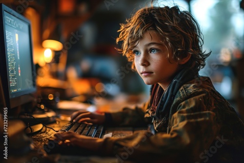 A boy explores gaming on his computer for fun and entertainment at home