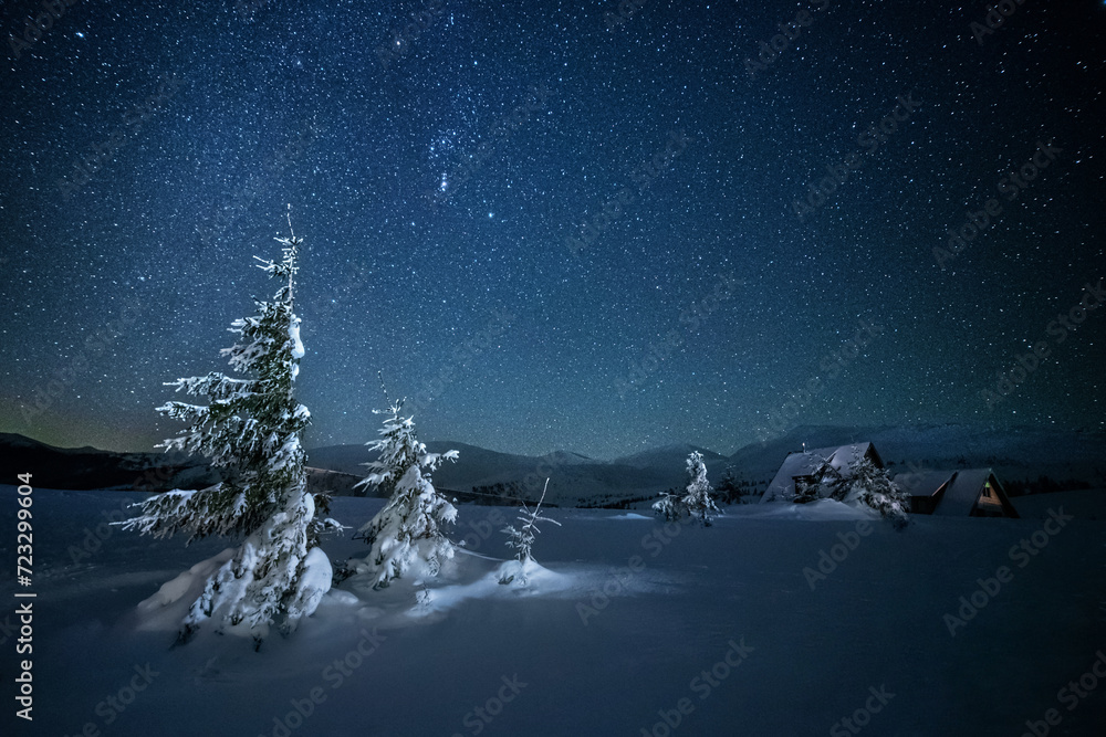 Naklejka premium fabulous winter landscape in the mountains at night. Christmas tree under the night starry sky and the milky way